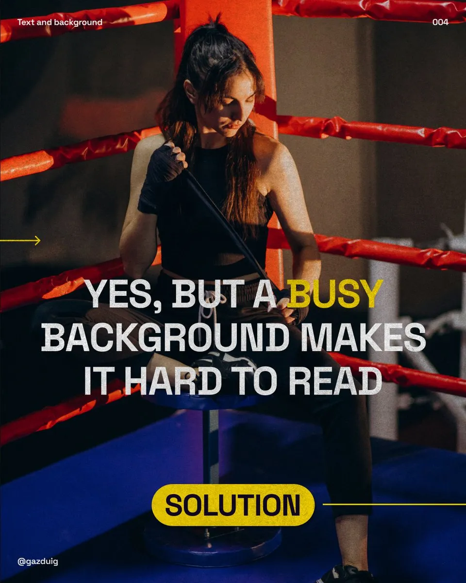 Photo of a woman boxer with the sentence that if the background is too busy, the text is hard to read.