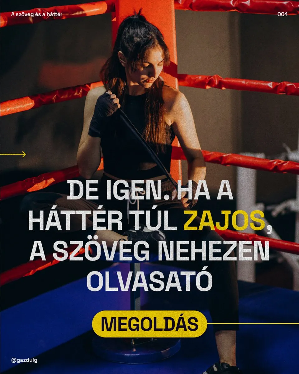 Bokszoló nő fotója, rajta a mondat, hogy ha a háttér túl zajos, a szöveg nehezen olvasható.