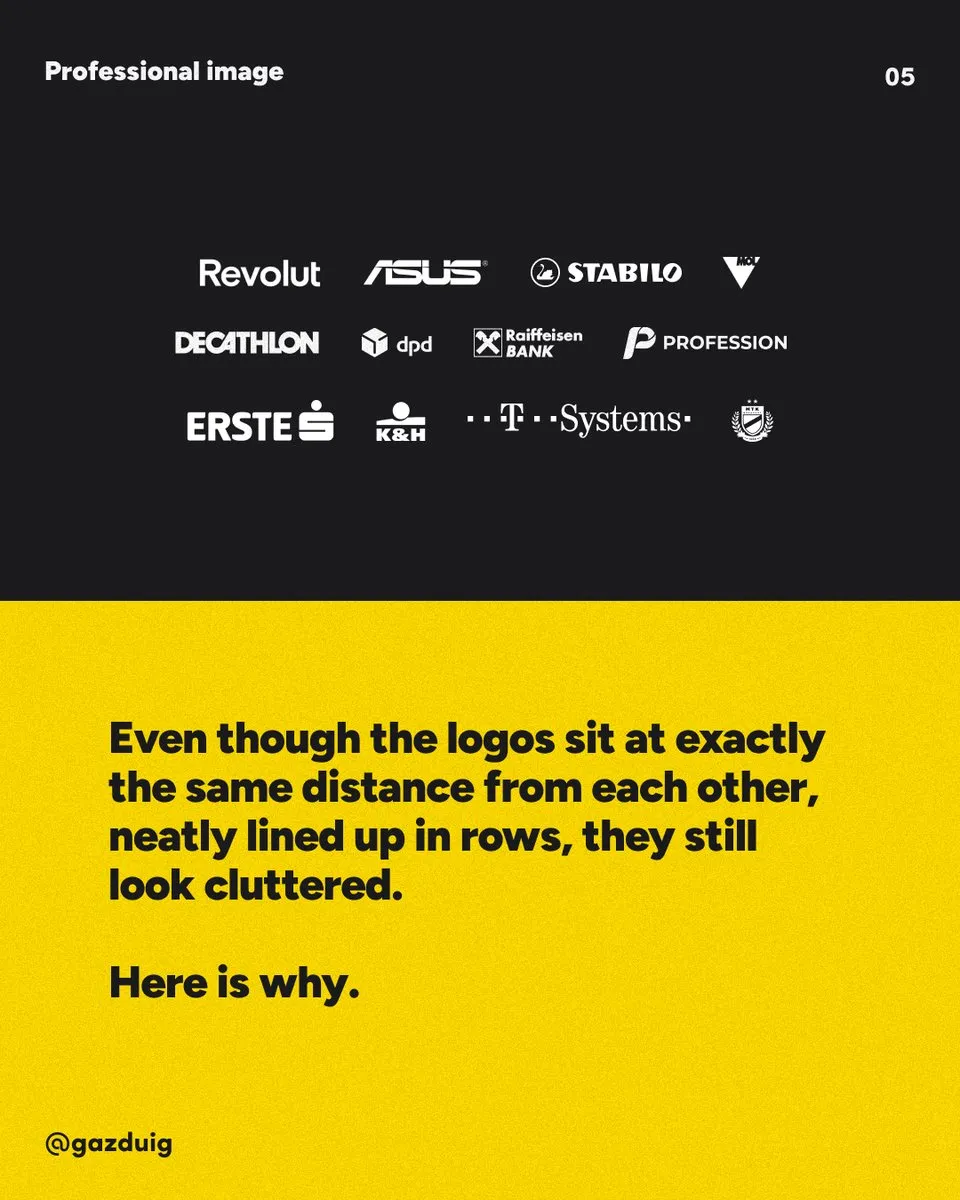 Well-known brand logos arranged in rows at equal distances, still looking cluttered