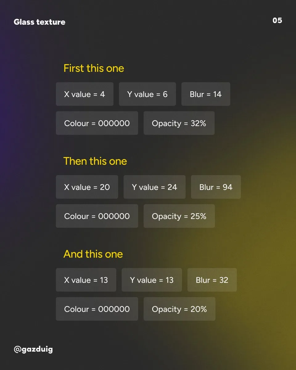 The settings of the three shadows one under the other, with their X, Y and Blur values
