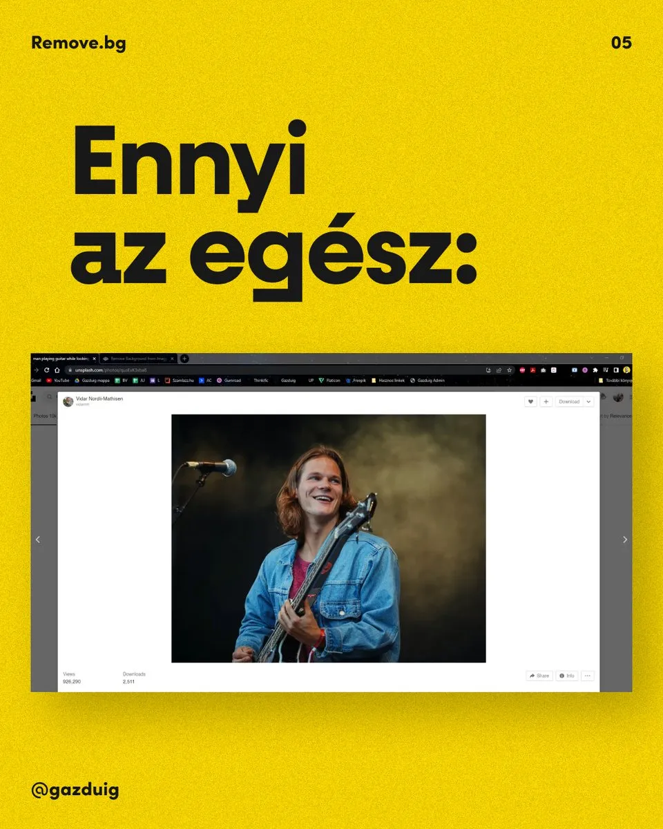 A remove.bg felülete a feltöltött képpel és a háttér nélküli eredménnyel