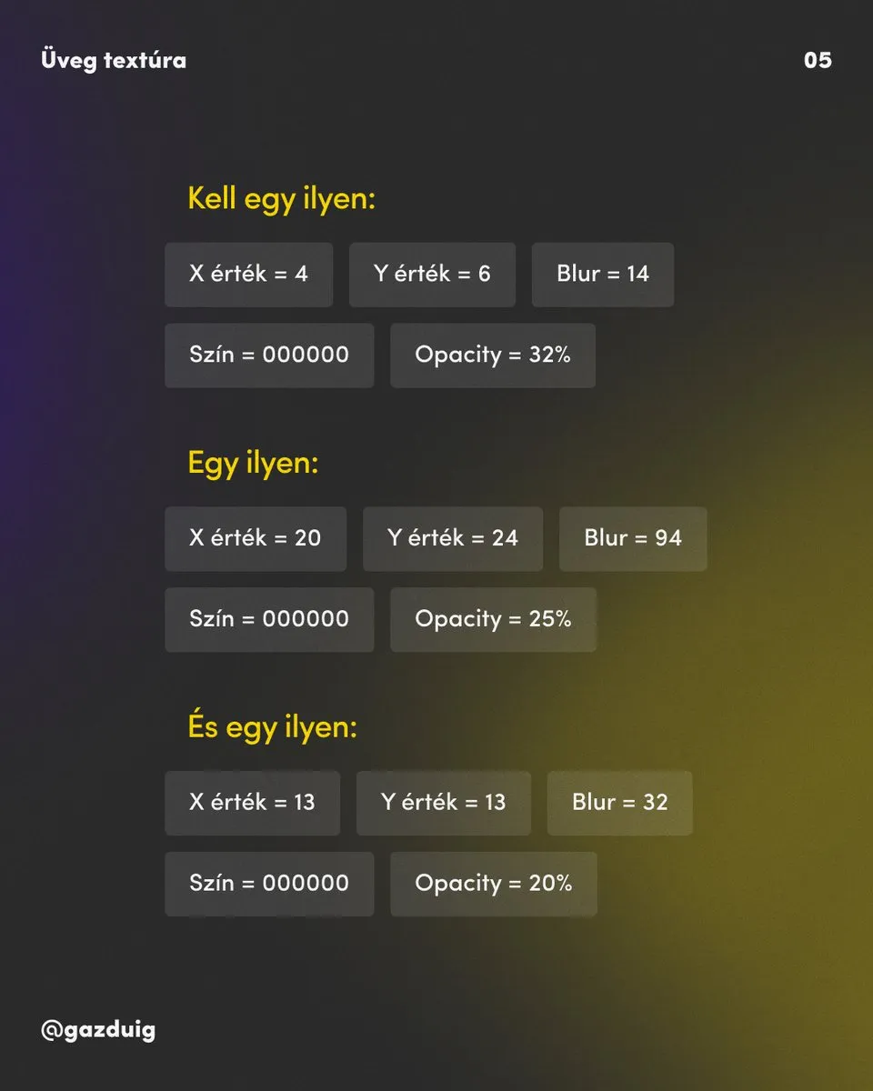 A három árnyék beállításai egymás alatt, az X, Y és Blur értékekkel