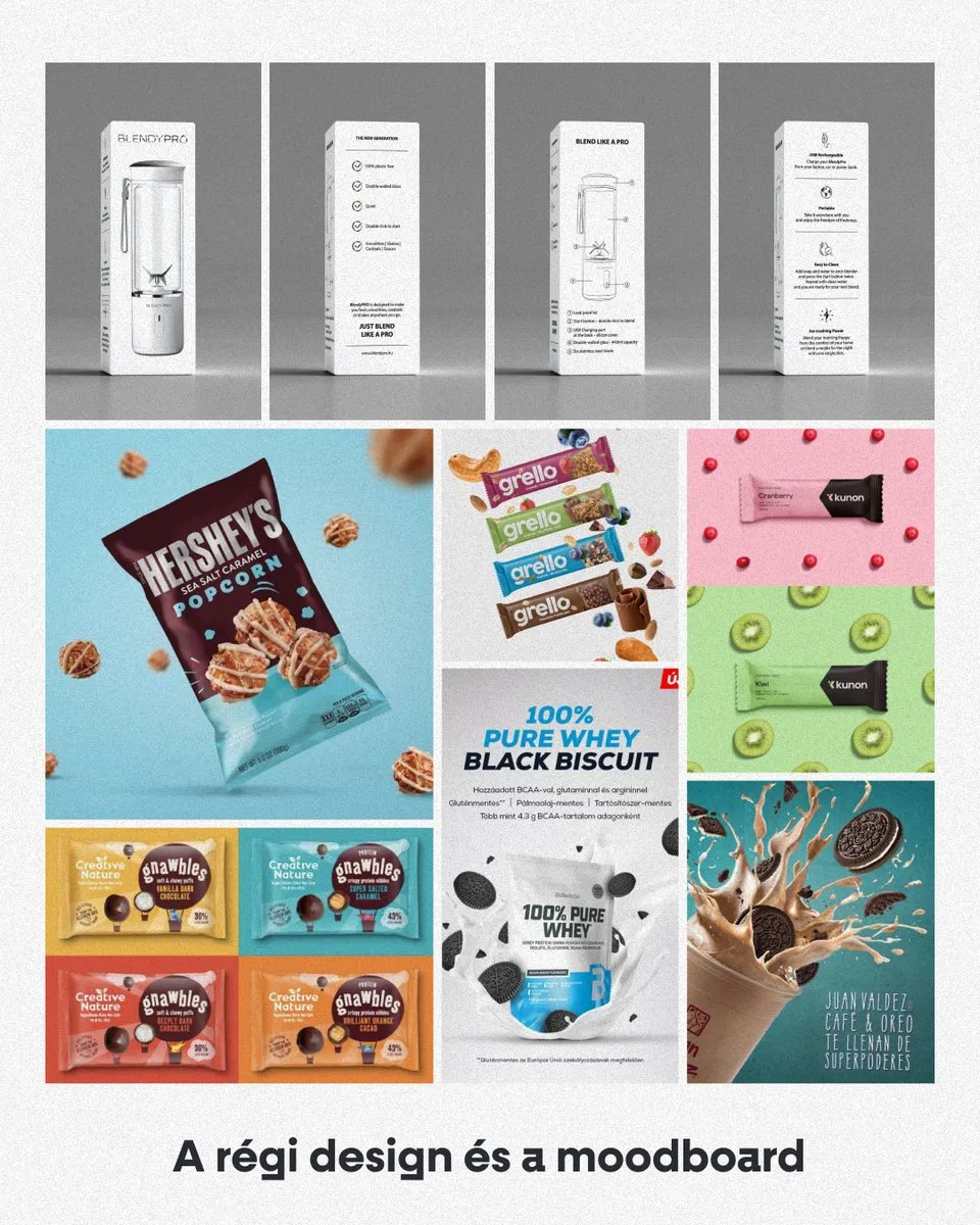 A régi BlendyPRO doboz és a redesignhoz összeállított moodboard