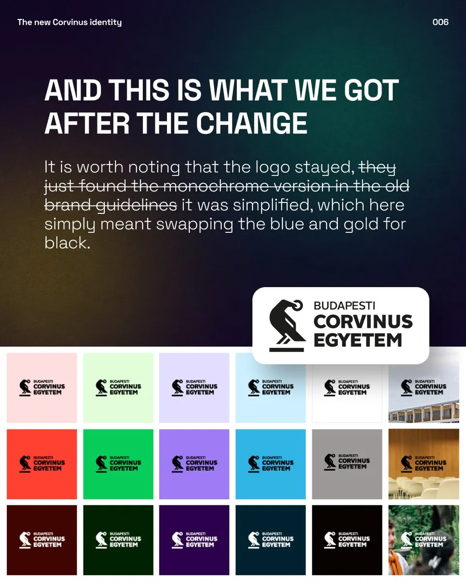 The new black Corvinus logo and samples of the new colour palette on university materials