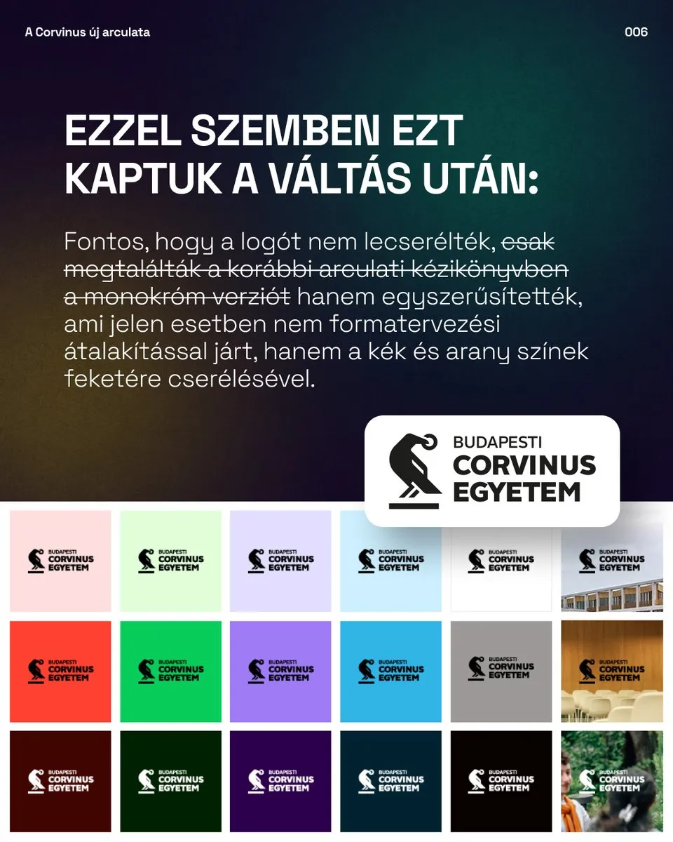 Az új, fekete Corvinus logó és az új színpaletta mintái egyetemi anyagokon