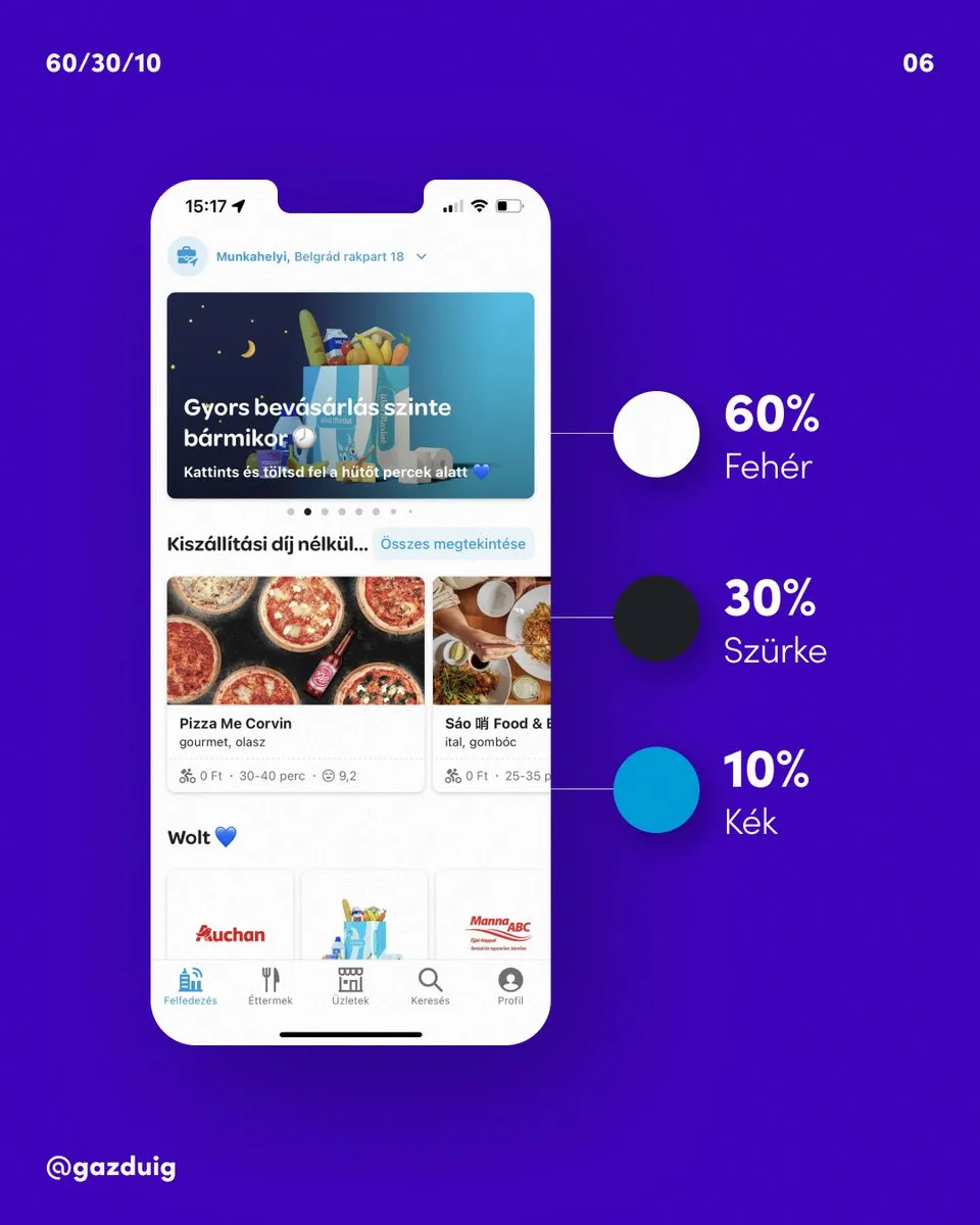 Egy mobilapp képernyője fehér alappal, szürke elemekkel és kék kiemelésekkel, a színarányok jelölésével