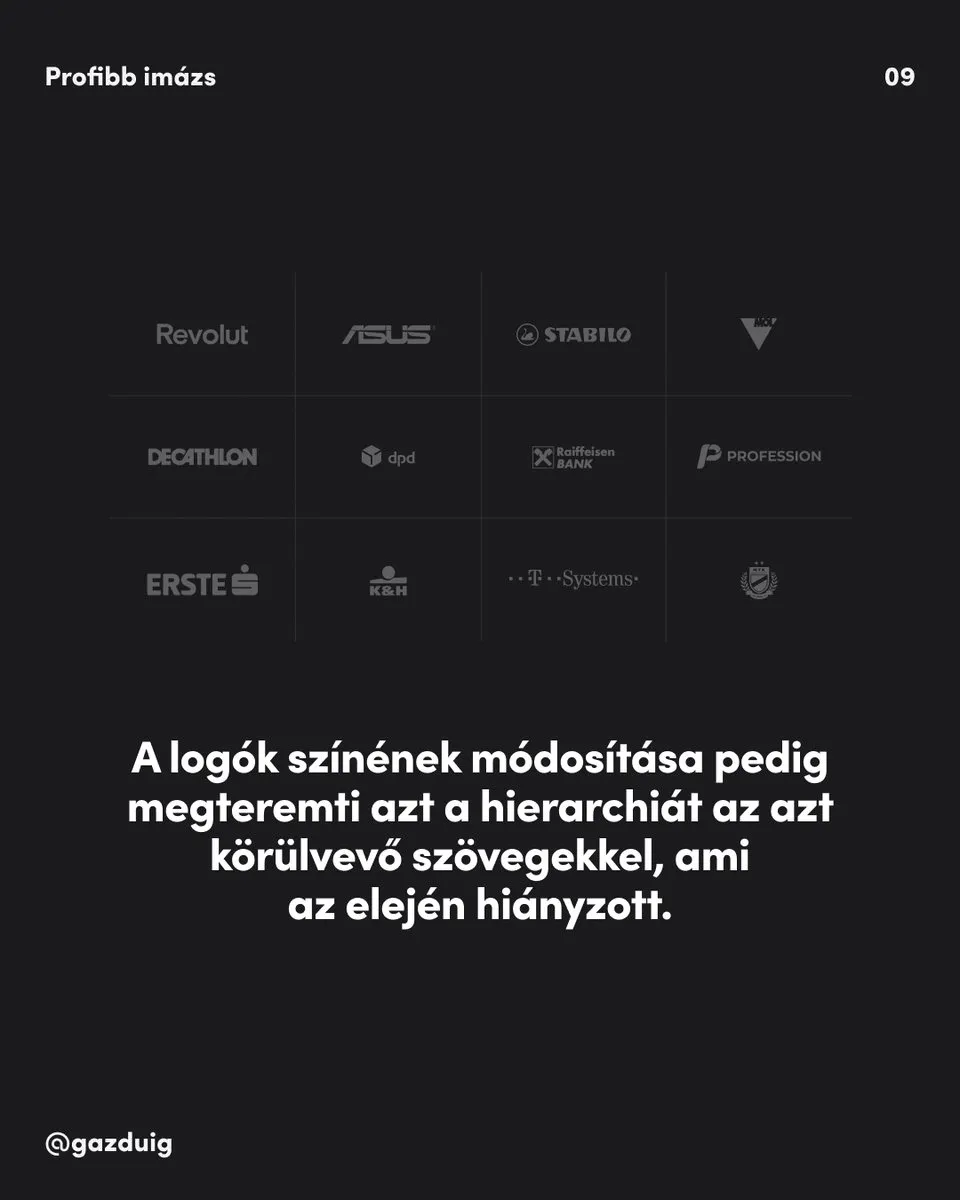 A rácsba rendezett logók egységes, halvány színnel, a körülöttük lévő szöveg alá rendelve