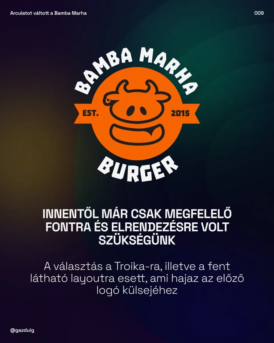 A végleges Bamba Marha logó a Troika betűtípussal, az előző logóra hajazó elrendezésben