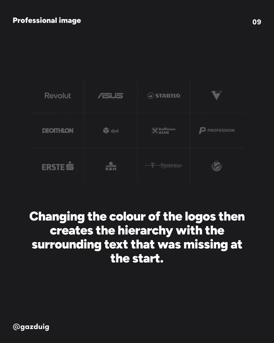 The logos in the grid in a single faint colour, subordinate to the text around them