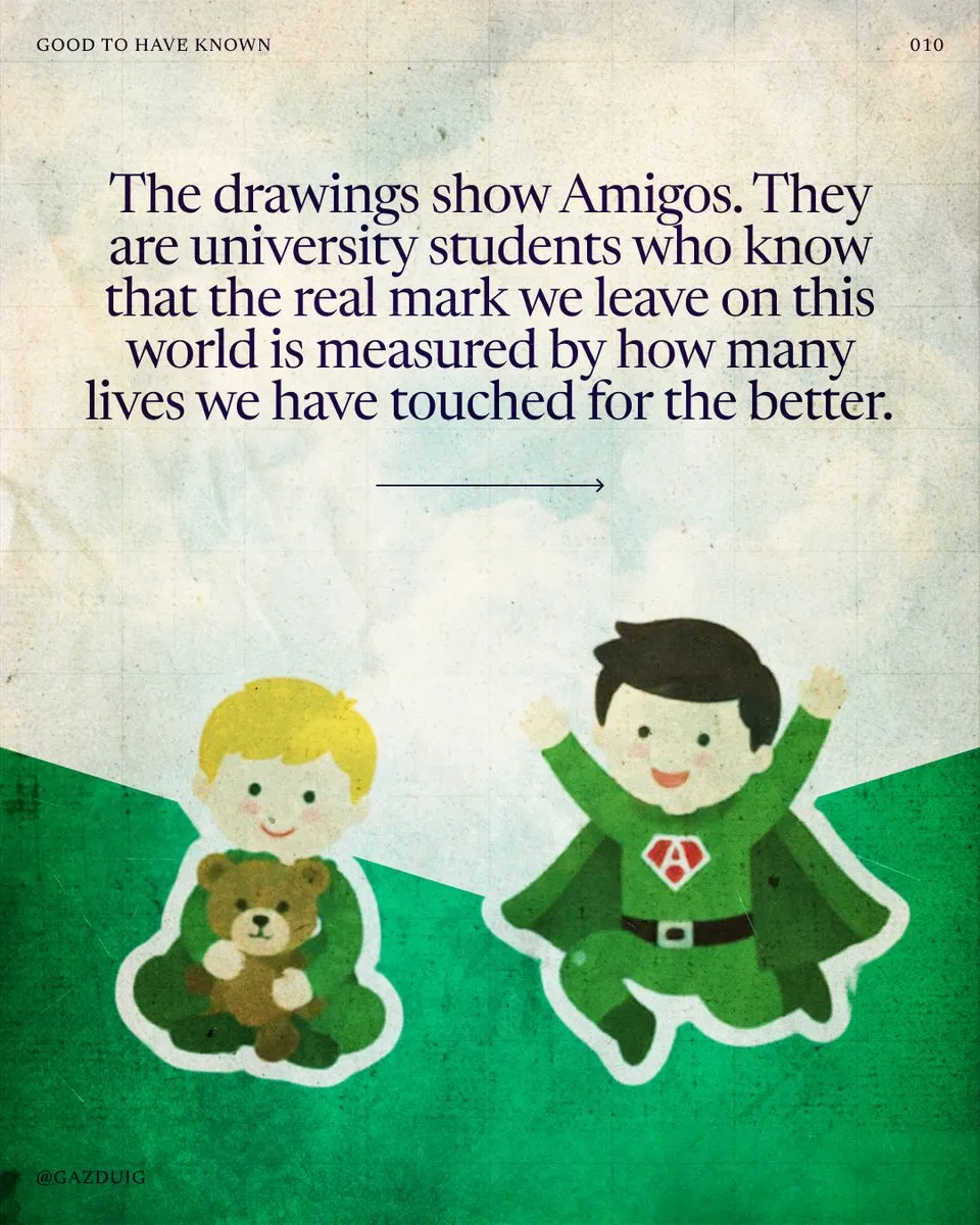 Drawing of two Amigos in green superhero capes, one hugging a teddy bear, the other jumping happily.