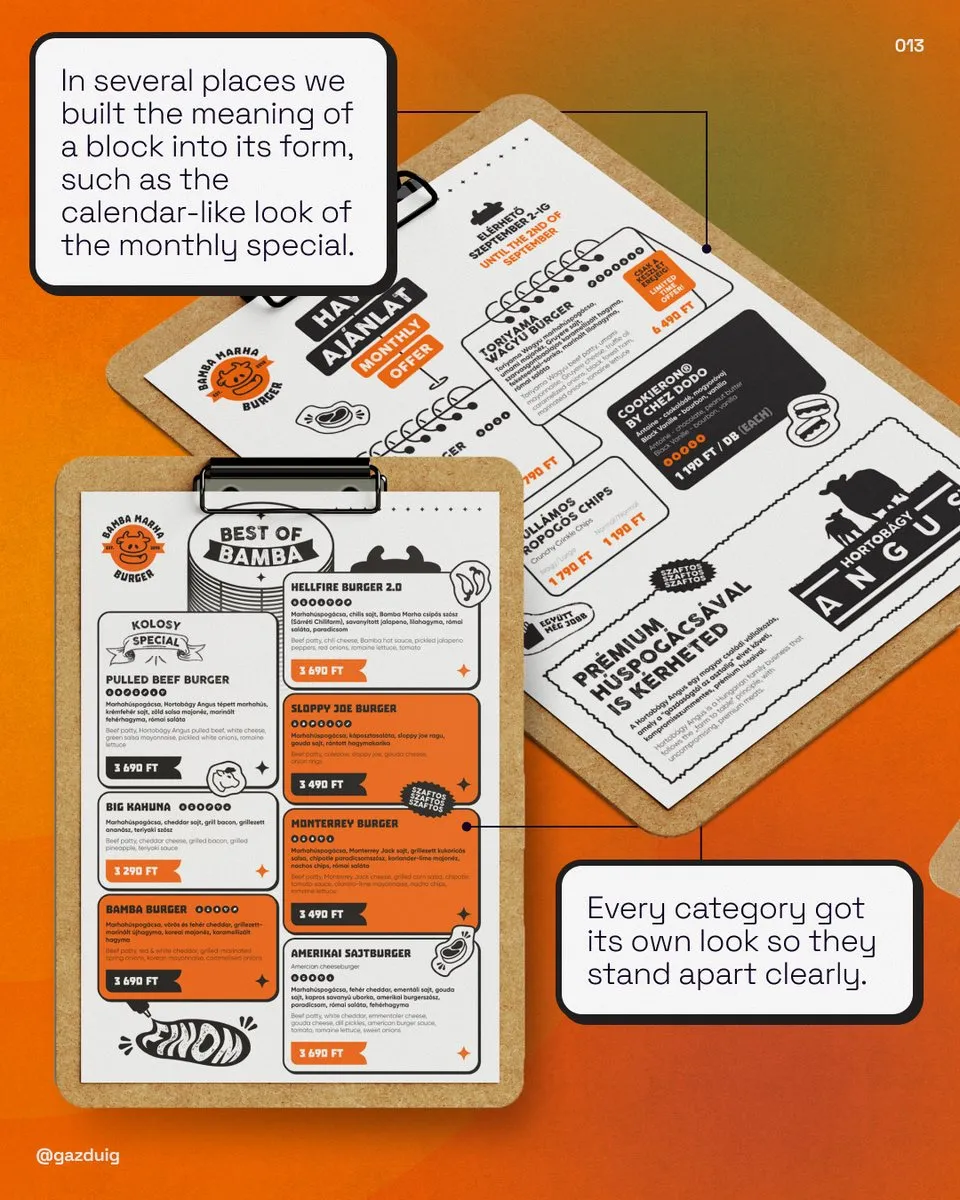 The new Bamba Marha menus with a distinct block for each category and a calendar-like monthly special