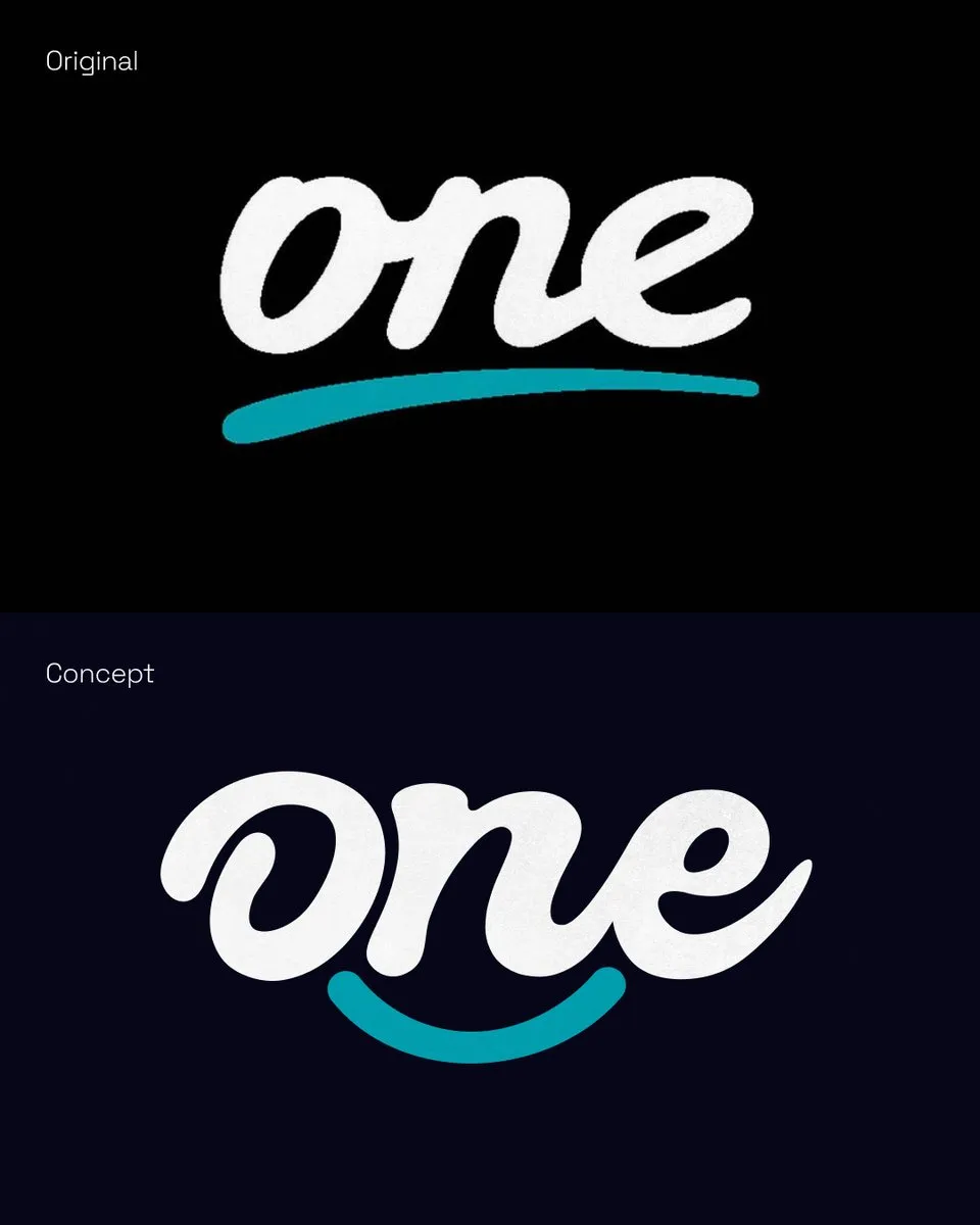 The original One logo at the top, and below it the concept with bolder handwriting and an underline curving into a smile