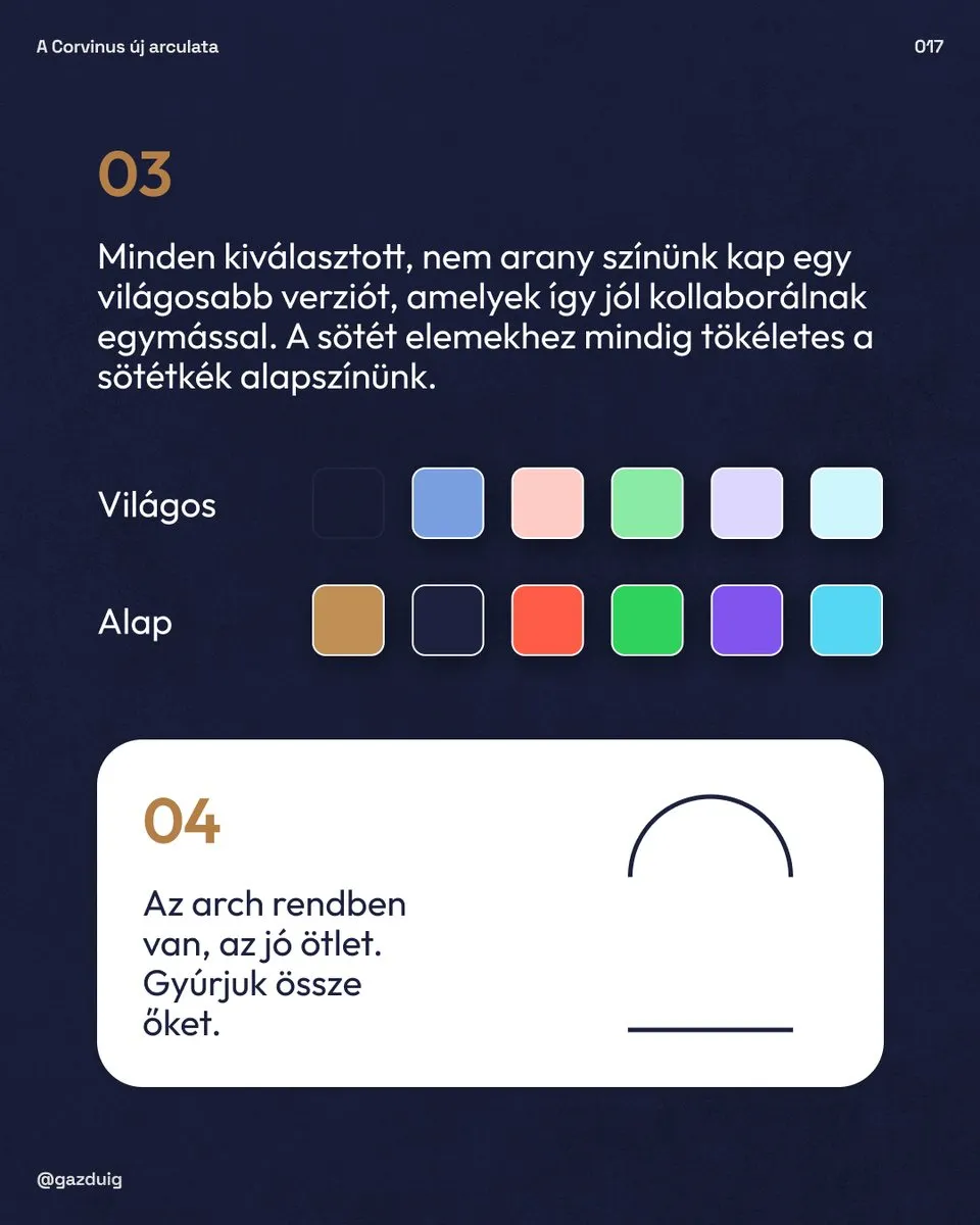 A kiegészítő színek világos és alap változatai, alatta a megtartott ív motívum