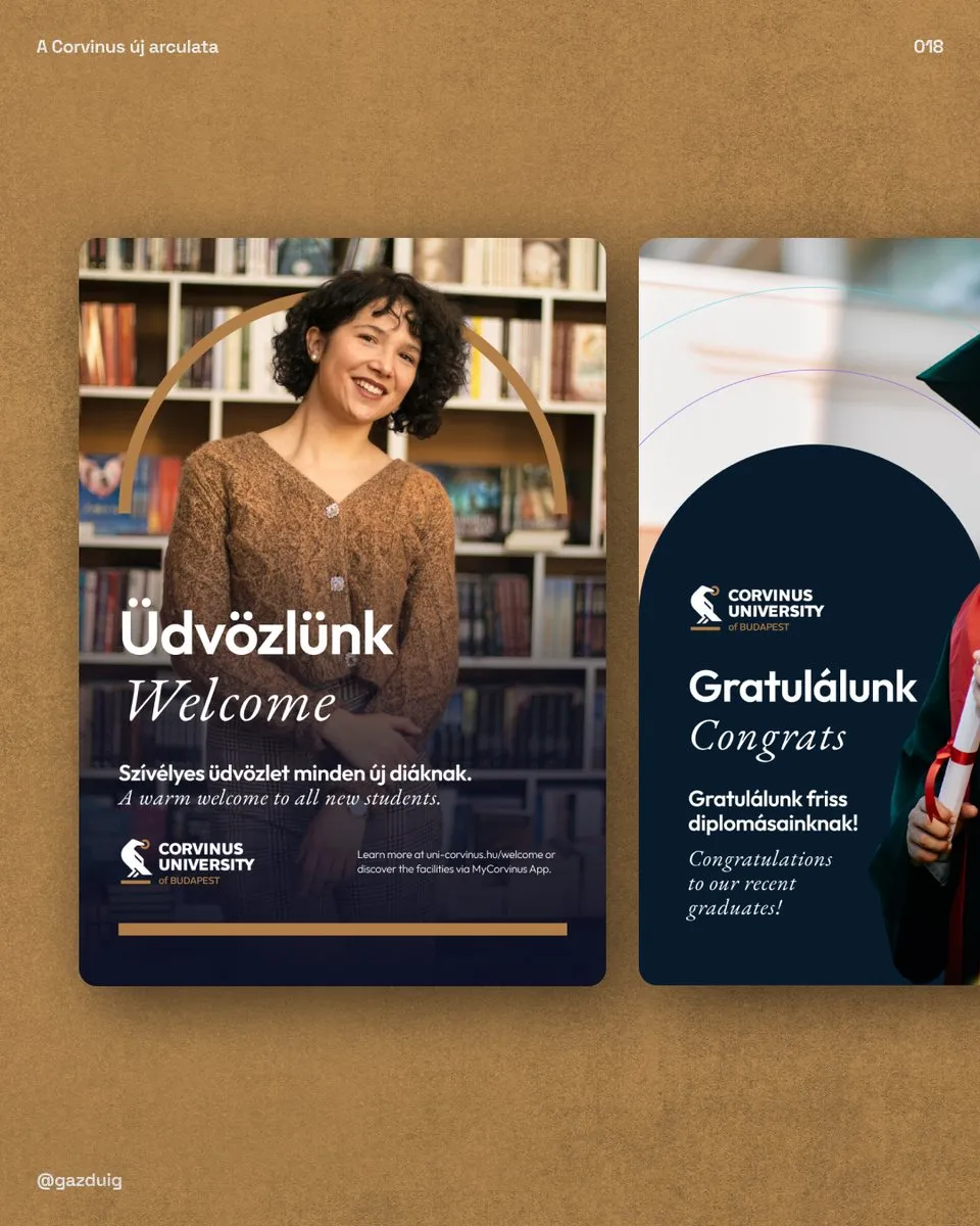 Üdvözlő és gratuláló plakátok a megtartott hollós logóval, arany és sötétkék színekkel