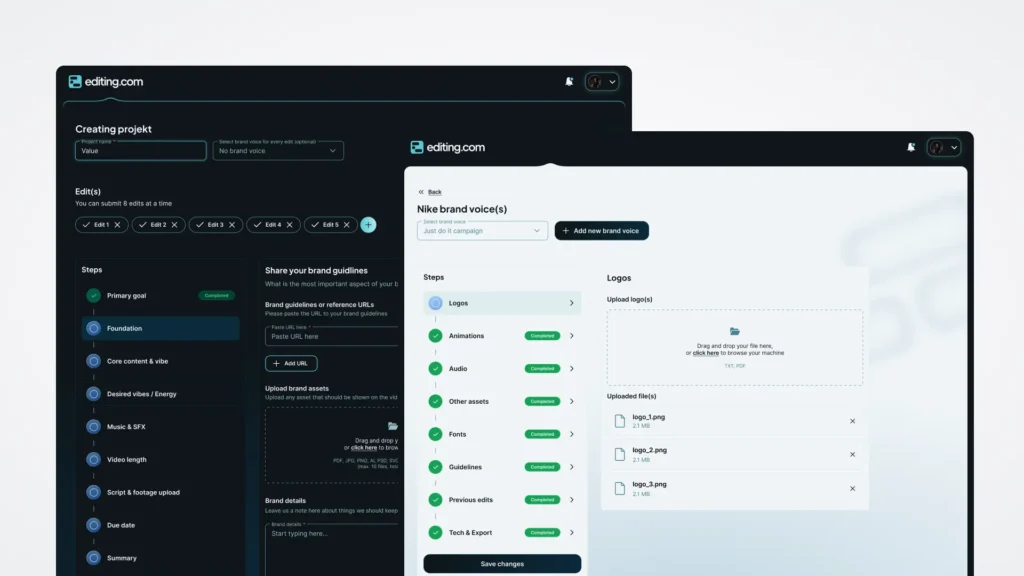 editing.com product design: projektlétrehozó és brand asset feltöltő felület light és dark módban, lépéslistával, brand voice választóval és fájlfeltöltővel