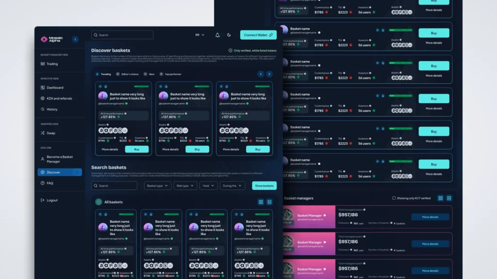 A Mosaic Alpha kriptoplatform web appjának Discover baskets képernyője sötét témájú UX/UI designnal, ahol a token basketek kártyás nézetben jelennek meg teljesítmény-, ár- és befektetői adatokkal, bal oldali navigációval és türkiz kiemelő színnel.