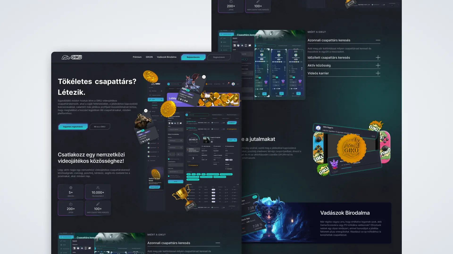 GIKU product design: weboldal landing felület sötét gamer arculatban, Tökéletes csapattárs címmel, statisztikai blokkokkal és a csapattárskereső elemeivel