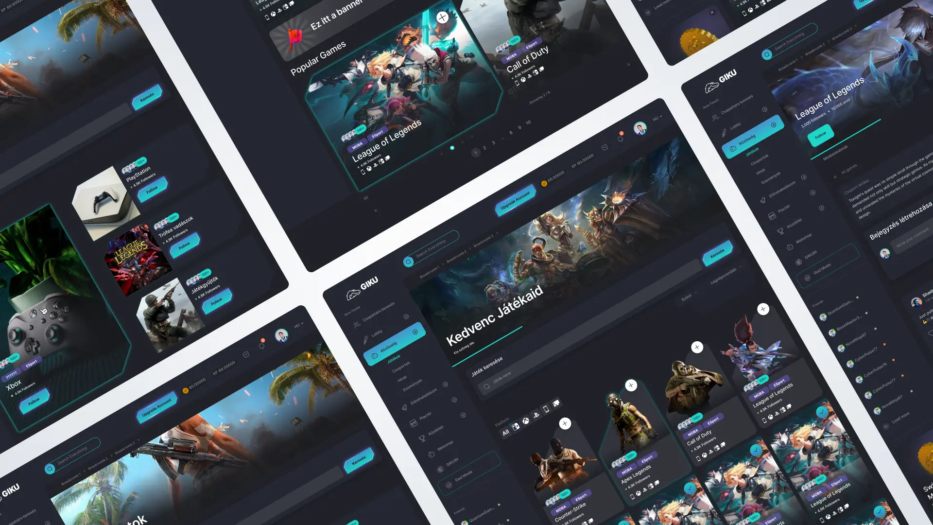 GIKU product design: felület galéria perspektivikus elrendezésben, sötét gamer arculatban, játékkövető, játékkereső és közösségi nézetekkel