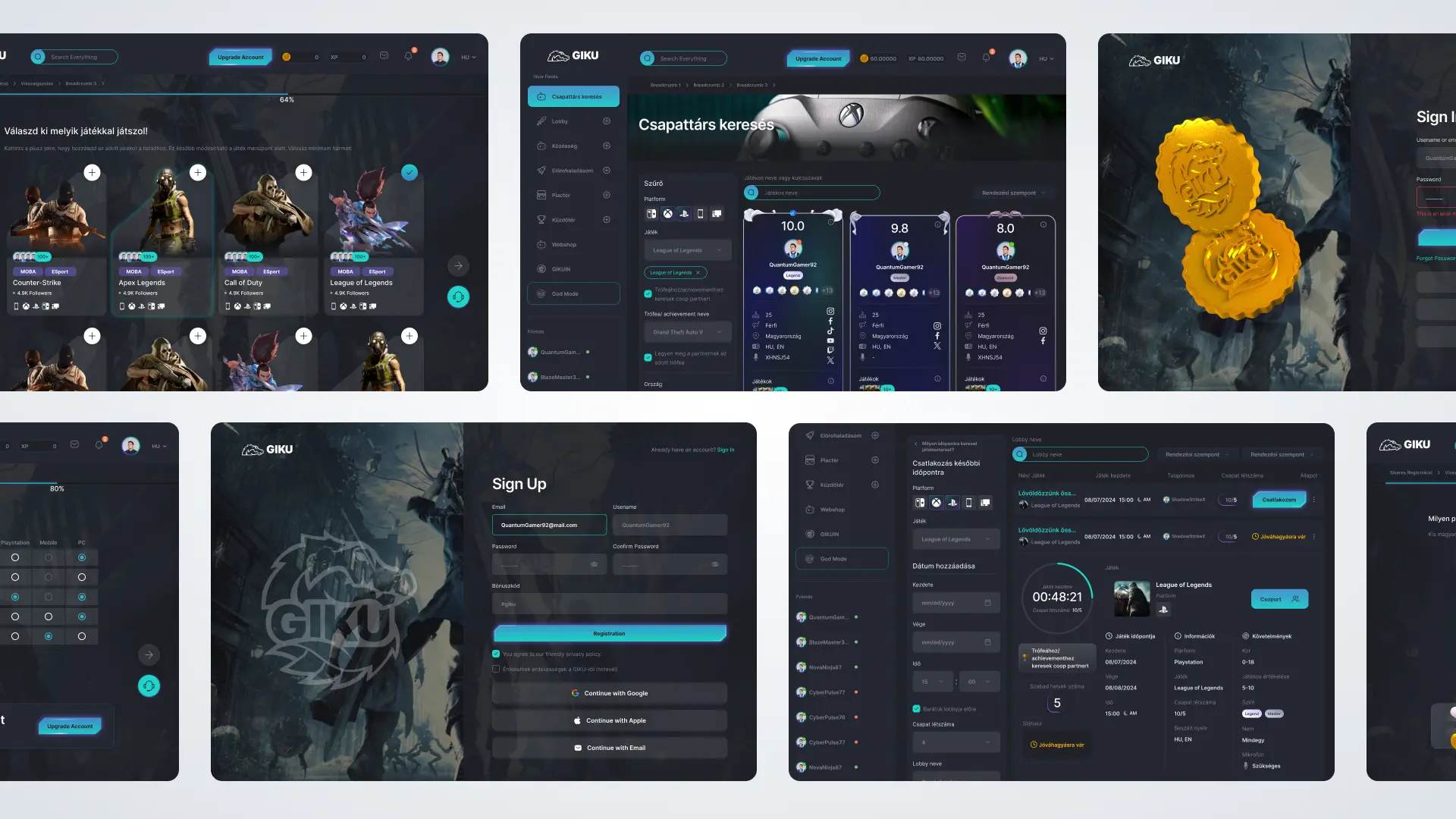 GIKU product design: onboarding, regisztráció, stat-alapú csapattárskereső és lobby létrehozó felületek galériája sötét gamer arculatban