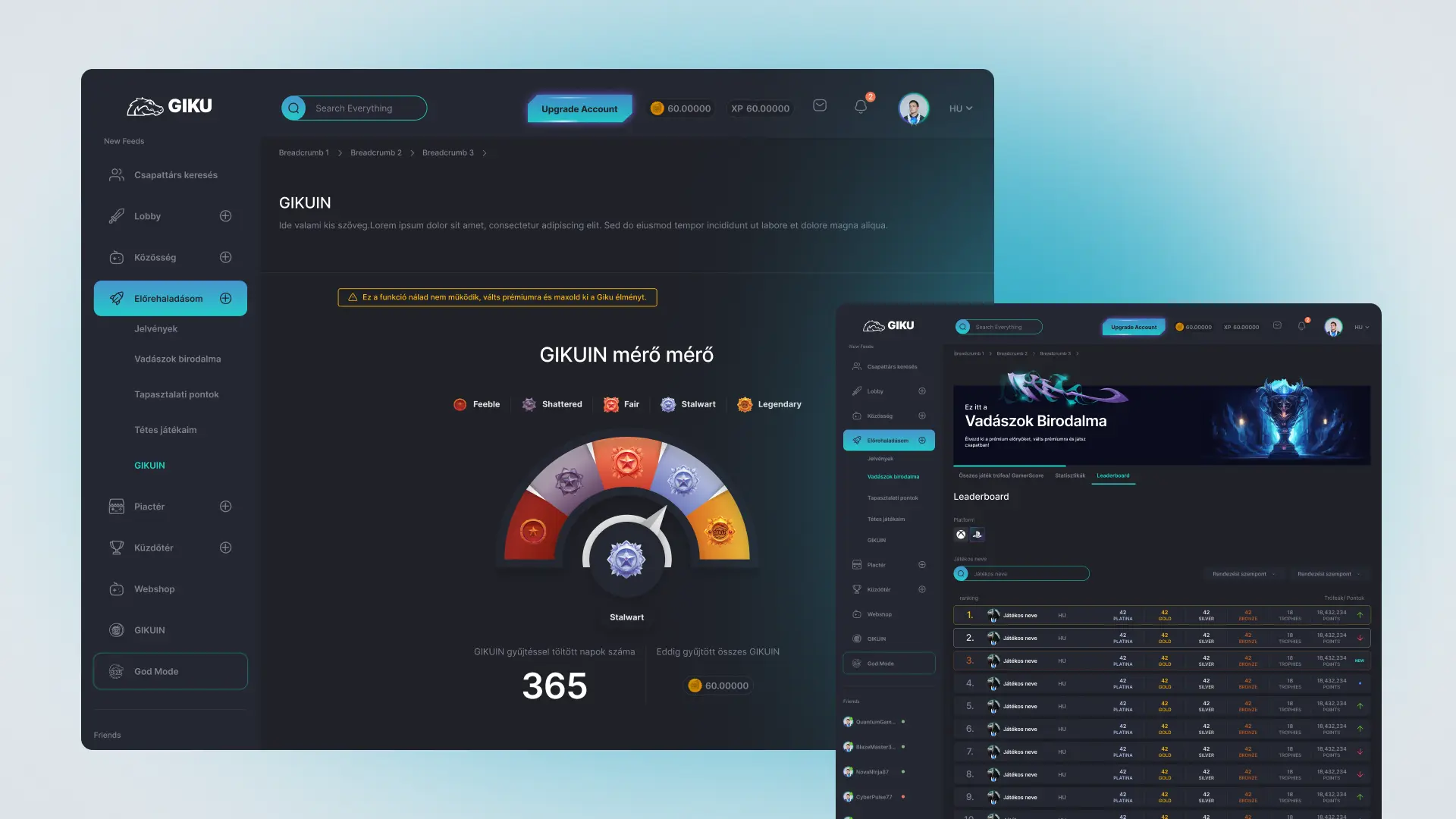 GIKU product design: GIKUIN pontrendszer rang-mérő felület és Vadászok Birodalma achievement leaderboard sötét gamer arculatban, trófea és pontszámokkal