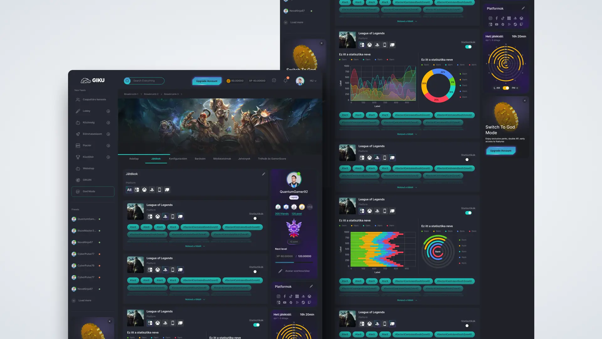 GIKU product design: felhasználói profil felület sötét gamer arculatban, játéklistával, platformszűrőkkel, játékos-kártyával és részletes statisztikai diagramokkal