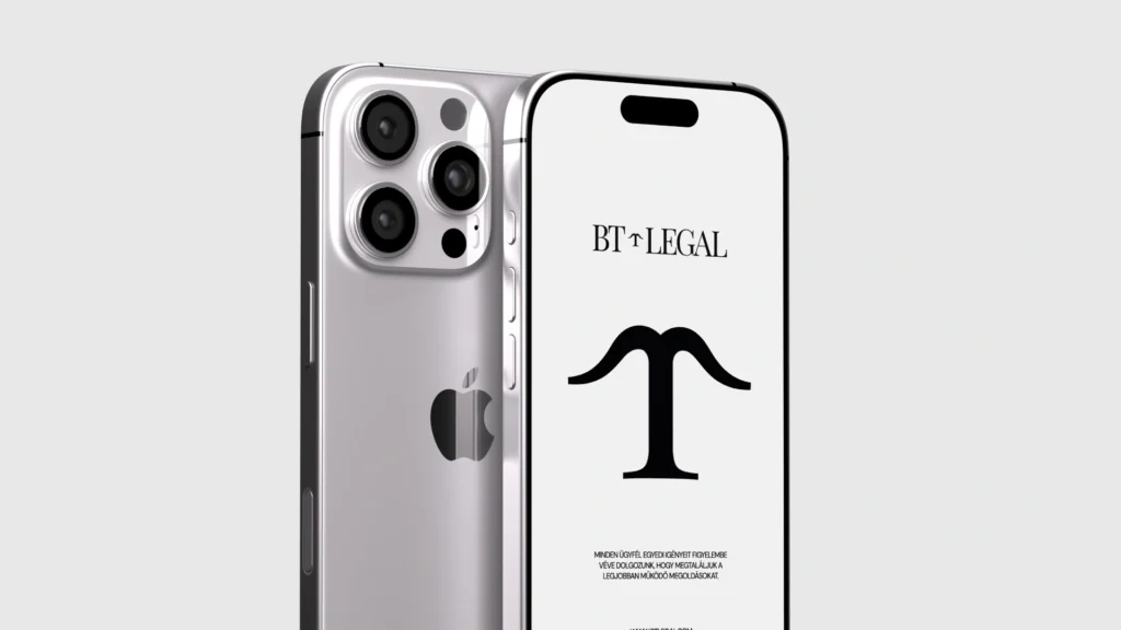 BT Legal arculattervezés: okostelefon mockup a talpas BT Legal logóval, nagy monogram szimbólummal és letisztult fekete-fehér megjelenéssel