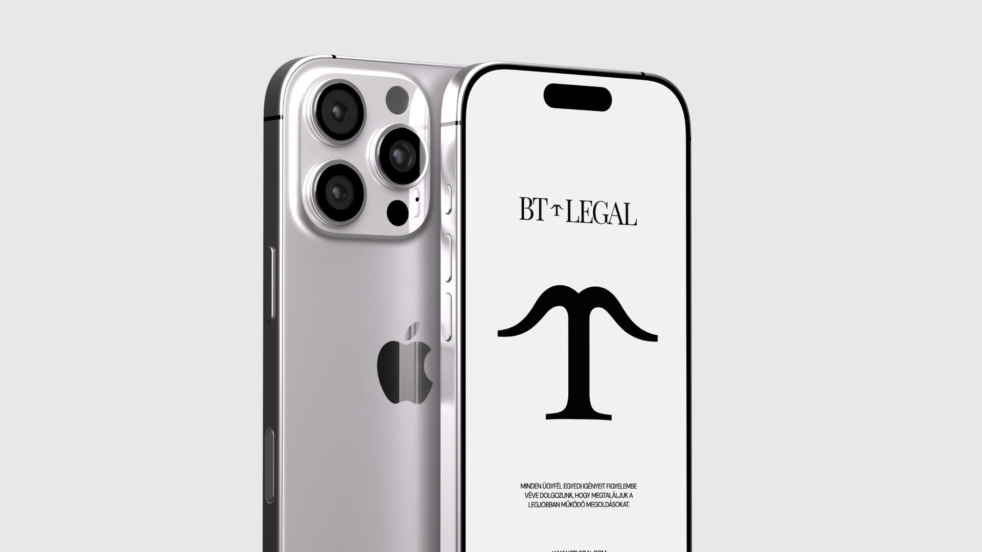BT Legal arculattervezés: okostelefon mockup a talpas BT Legal logóval, nagy monogram szimbólummal és letisztult fekete-fehér megjelenéssel