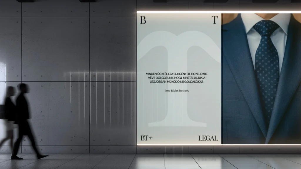 BT Legal arculattervezés: nagyméretű megvilágított fali plakát mockup tipográfiai monogrammal, üzleti üzenettel és öltönyös férfi fotójával modern betonfalú térben