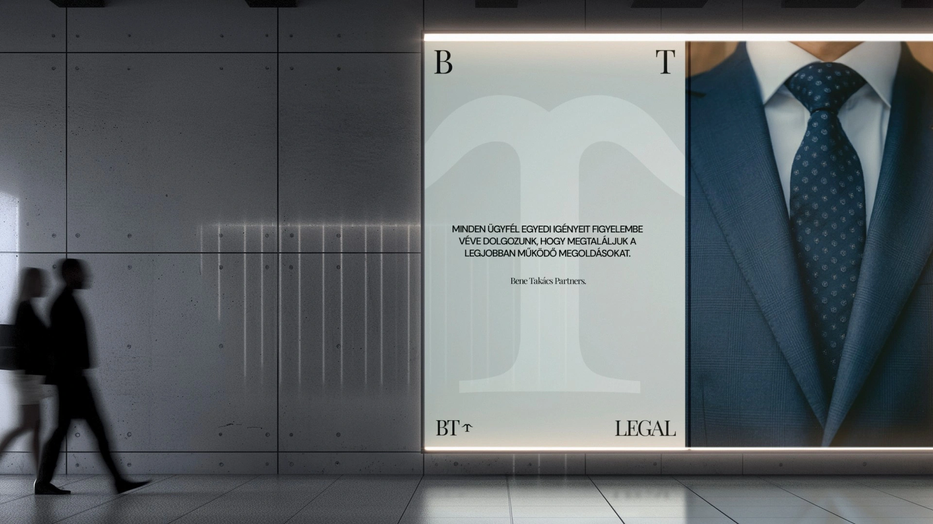 BT Legal arculattervezés: nagyméretű megvilágított fali plakát mockup tipográfiai monogrammal, üzleti üzenettel és öltönyös férfi fotójával modern betonfalú térben