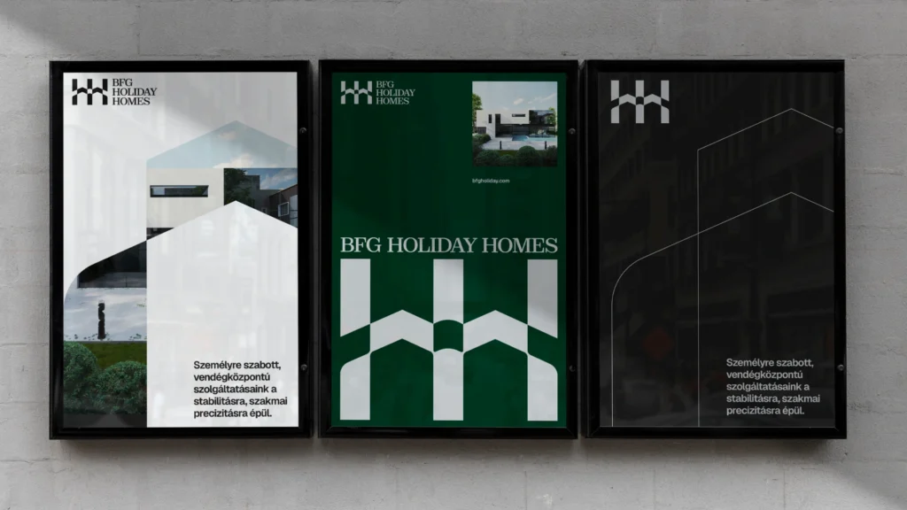 BFG Holiday Homes arculattervezés: hármas plakátsorozat mockup betonfalon világos, sötétzöld és fekete variánssal, H-monogram logóval