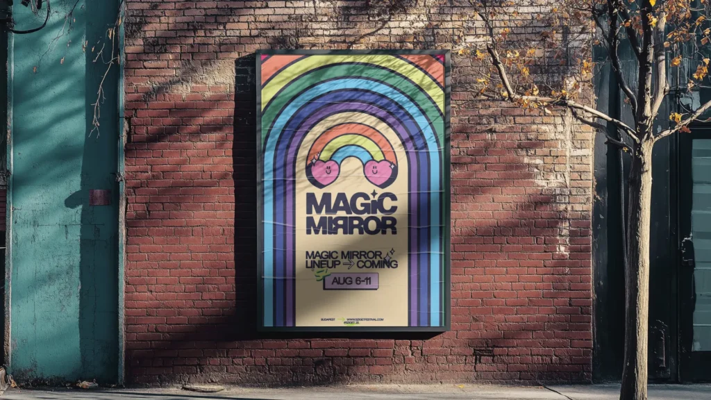 Magic Mirror arculattervezés: utcai plakát mockup téglafalon, koncentrikus retró szivárványmotívummal, mosolygó szív-szivárvány logóval és MAGIC MIRROR felirattal