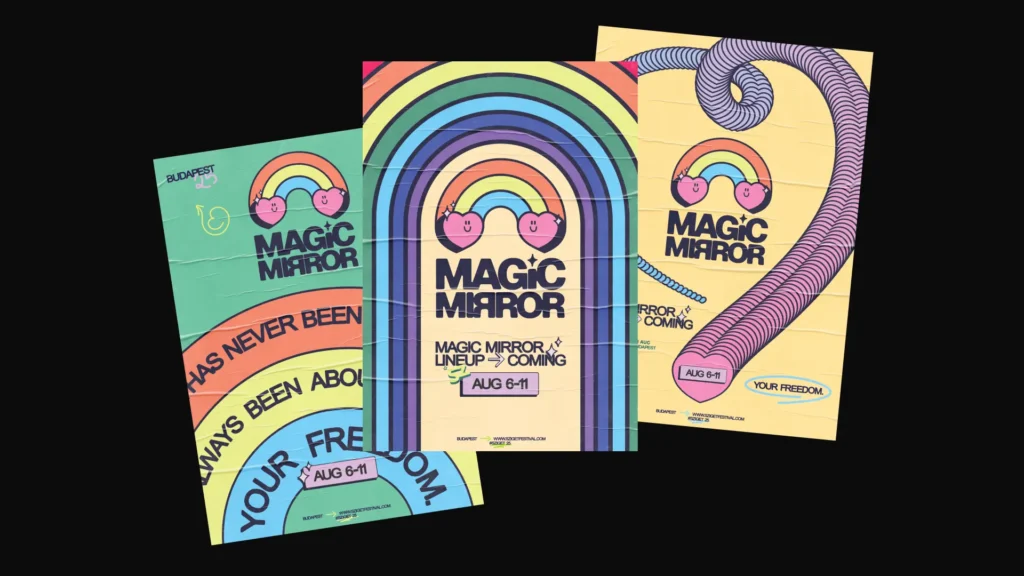 Magic Mirror arculattervezés: hármas plakátsorozat mockup fekete háttéren, retró szivárvány- és szív-szivárvány motívummal, MAGIC MIRROR felirattal és Your freedom üzenettel
