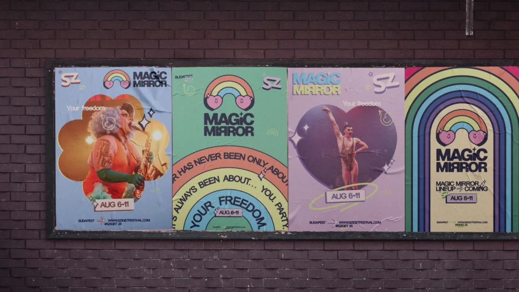Magic Mirror arculattervezés: nagyméretű ragasztott plakátsorozat mockup téglafalon, retró szivárványmotívummal, előadói fotókkal és Your freedom üzenettel