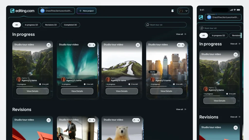 editing.com product design: reszponzív projektkezelő vezérlőpult desktop és mobil nézetben, videós projektkártyákkal és állapot szerinti csoportosítással