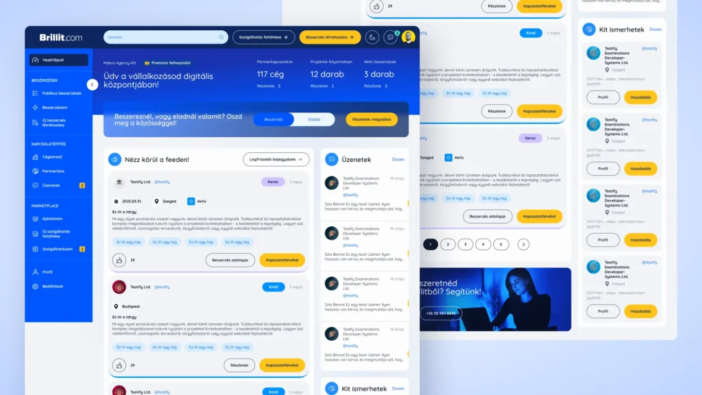 A Brillit szolgáltatáskereső platform újratervezett vezérlőpultja a beszerzések és kapcsolatok áttekintésével.